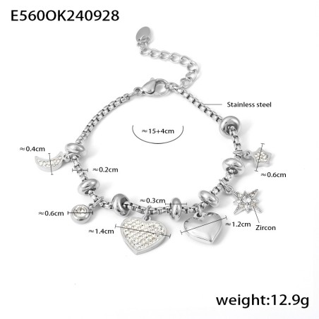 Pulsera plateada con charms corazon