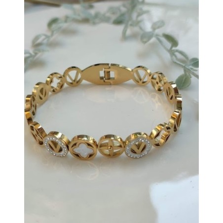 Brazalete dorado trebol y circonia