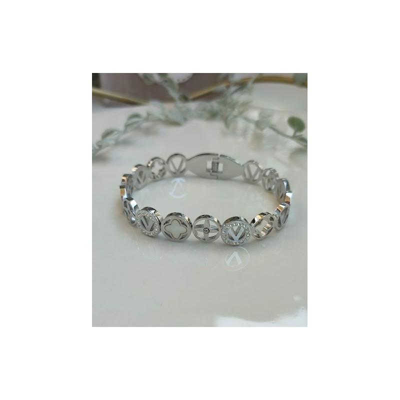 Brazalete plateado trebol con circonia